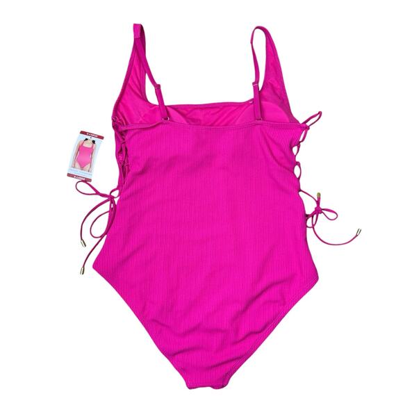 Social Standard by Sanctuary NWT Pink Ribbed Side Lace Up One Piece Swimsuit - Picture 4 of 10